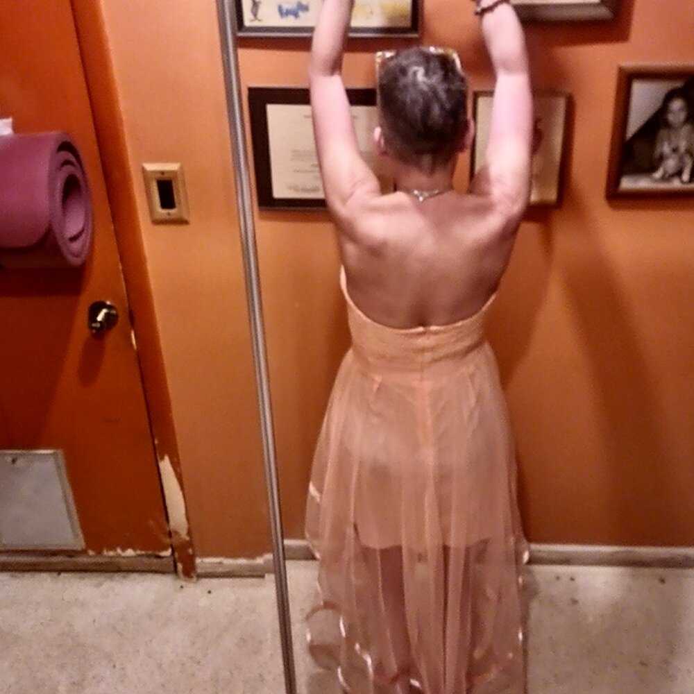 Peach chiffon like dress with mini train